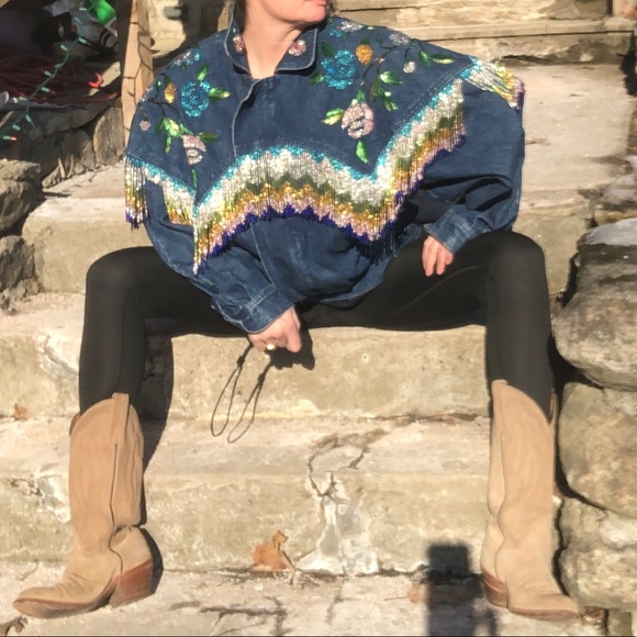 Vintage Jackets & Blazers - Vintage rare hand beaded floral fringe jean jacket